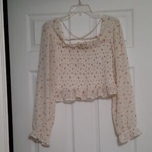 XL Cream Paisley Y2K Sheer Bishop Sleeve Stretch Cropped Peasant Blouse
